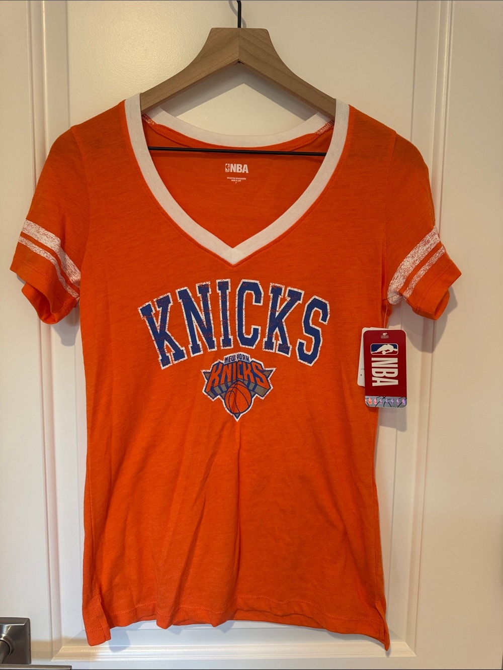NBA New York Knicks Orange V-Neck Tee with White Trim
